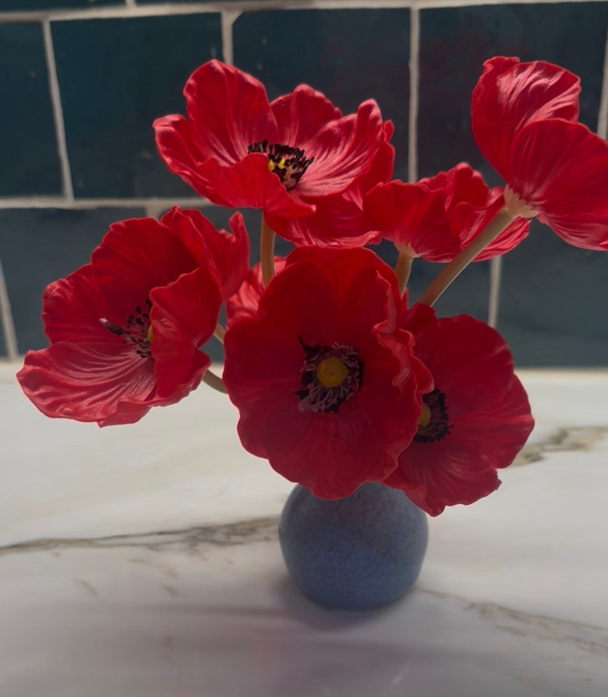 Poppies in blue vase- custom