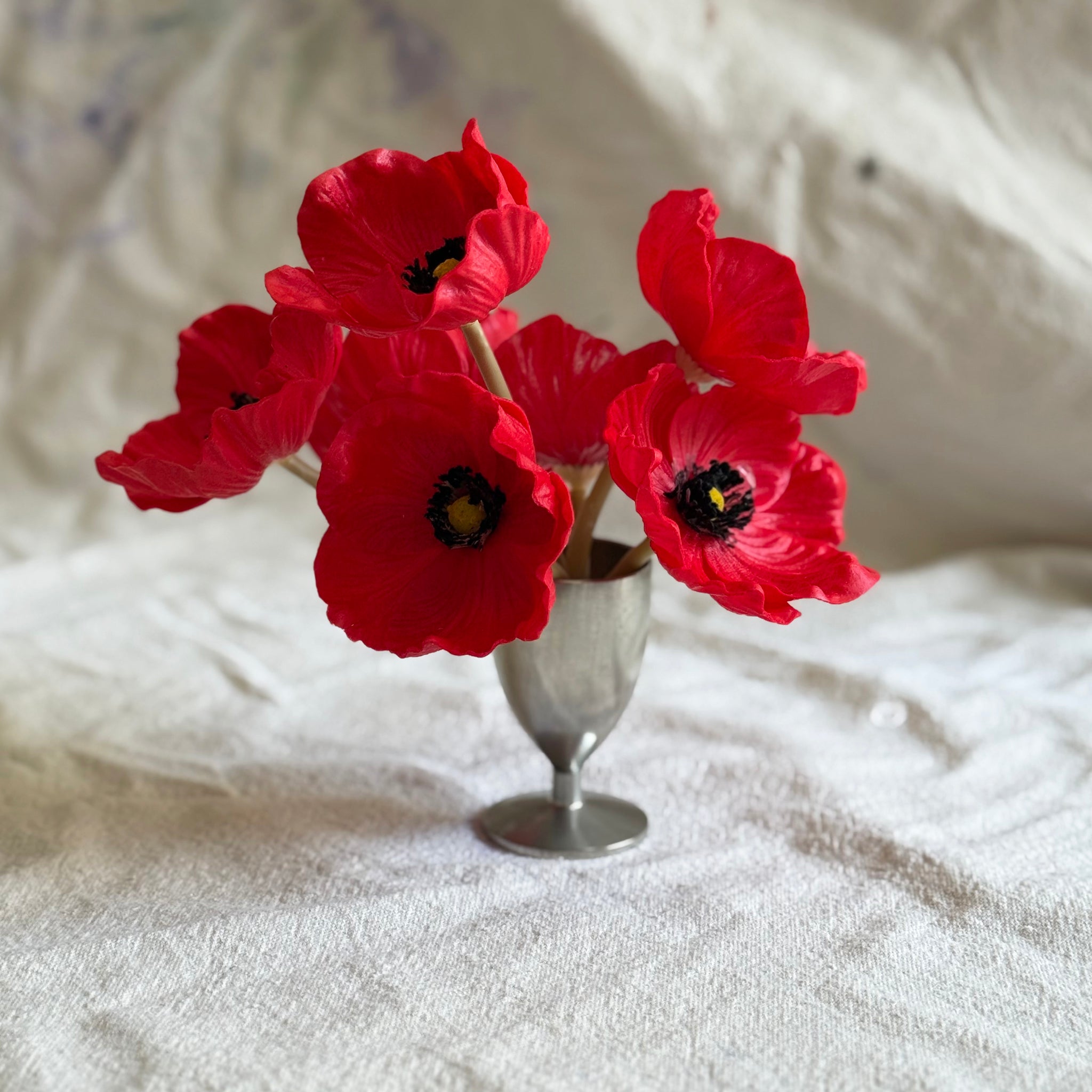 Faux Real Touch Poppies in Petite Vintage Pewter Vase
